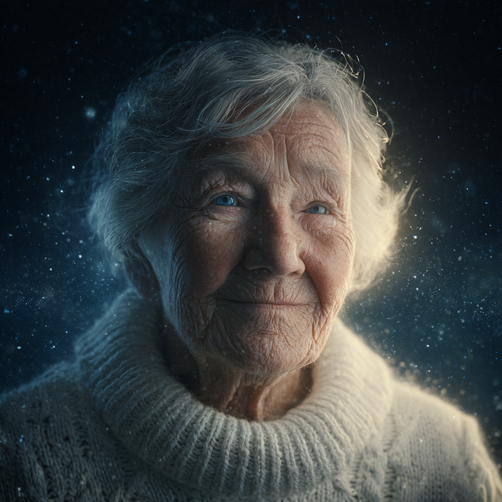 Portrait of a smiling elderly woman standing against the backdrop of the starry sky | Source: Midjourney