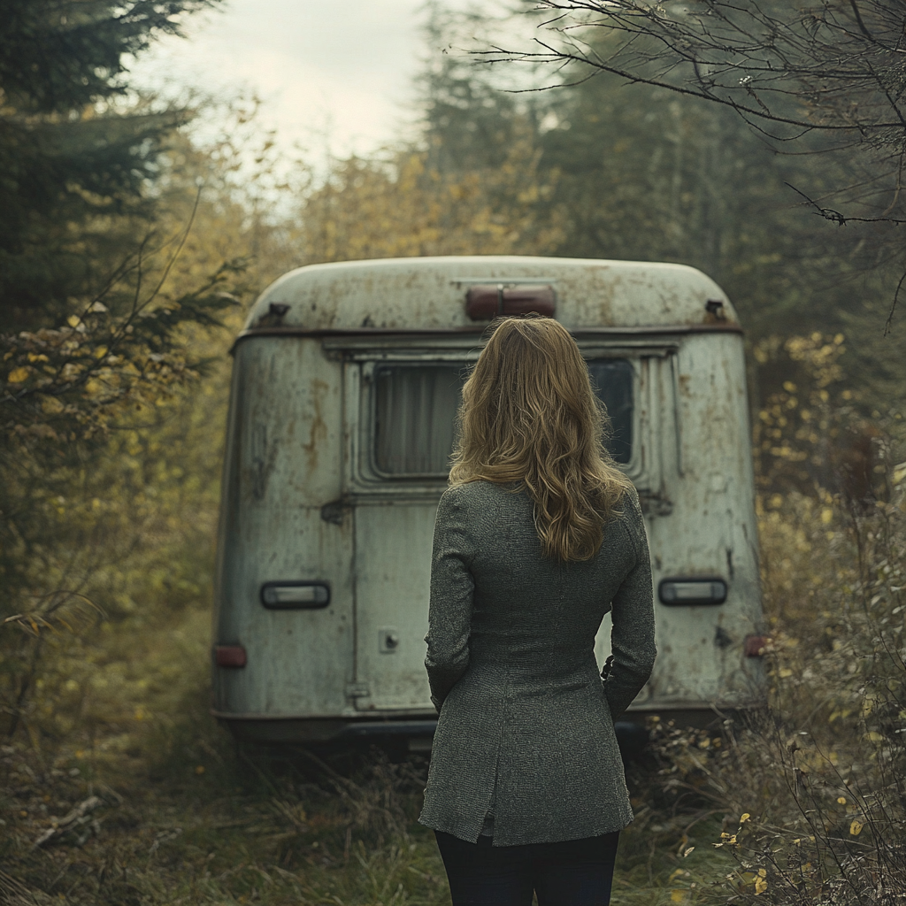 A woman standing near a trailer | Source: Midjourney