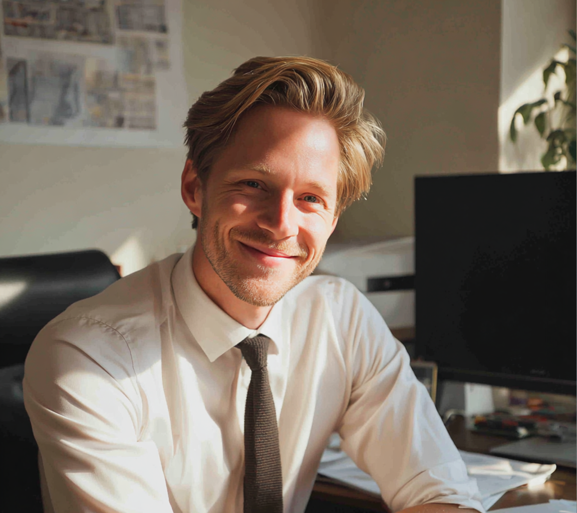 A smiling man sitting at his desk | Source: Midjourney