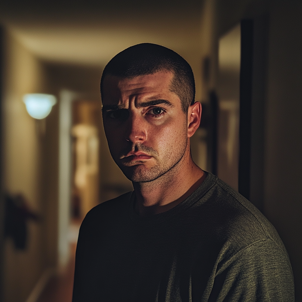 A man standing in a home hallway | Source: Midjourney