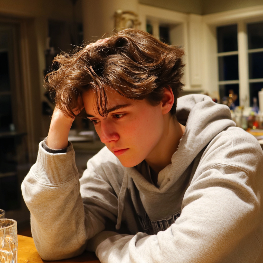 A teenage boy holding his head | Source: Midjourney