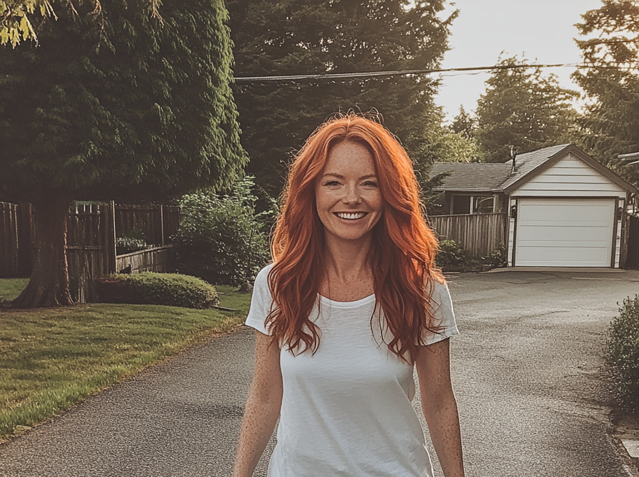 A woman walking up a driveway | Source: Midjourney