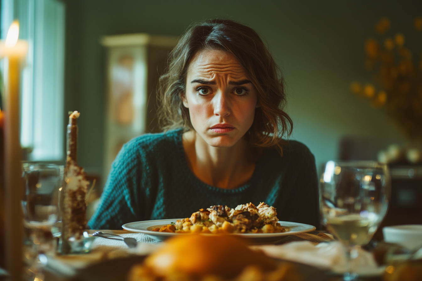 An earnest woman frowning during dinner | Source: Midjourney