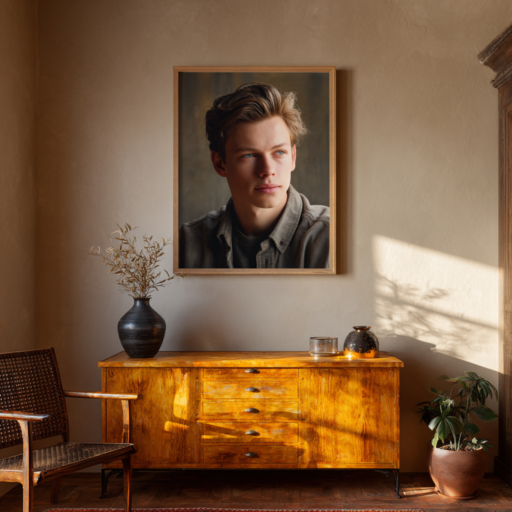 A young man's framed photo hanging on the wall | Source: Midjourney