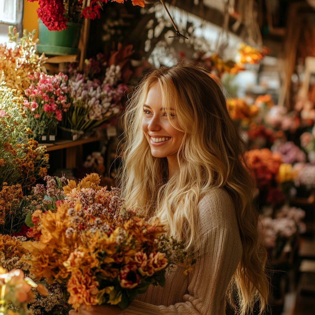 A smiling woman with a bouquet | Source: Midjourney