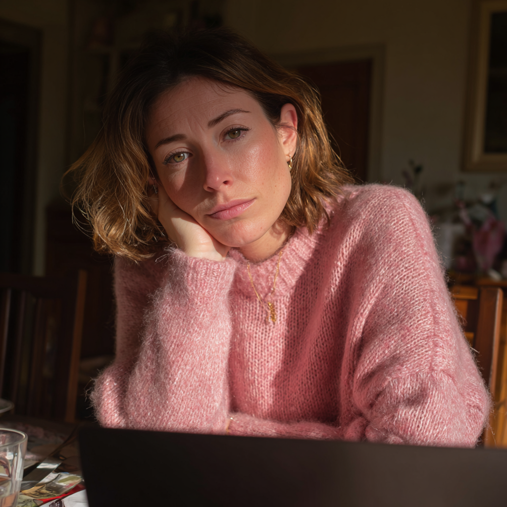 A tired woman sitting at a dining table with a laptop | Source: Midjourney