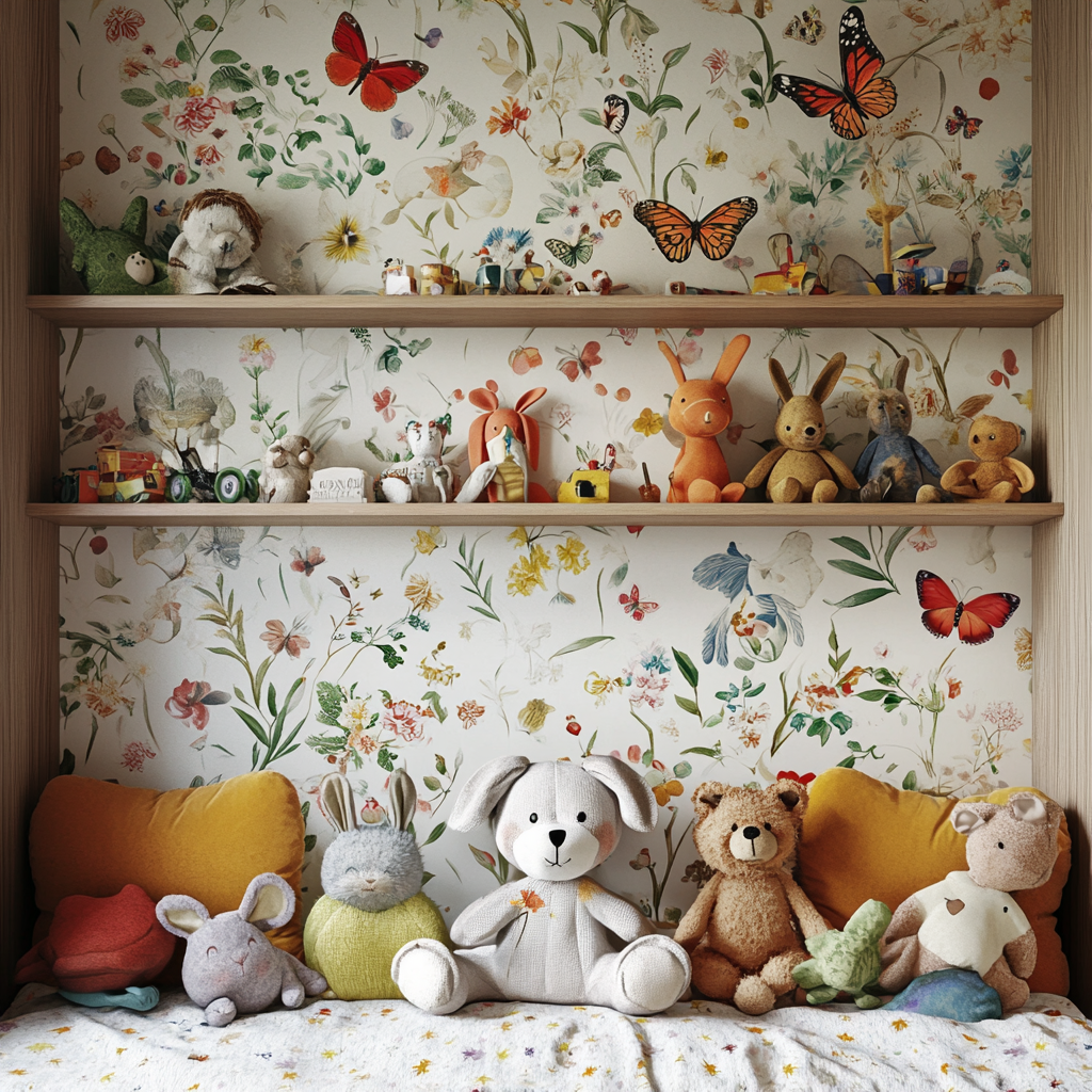 A stunning kids' room with gorgeous wallpaper and stuffed toys | Source: Midjourney