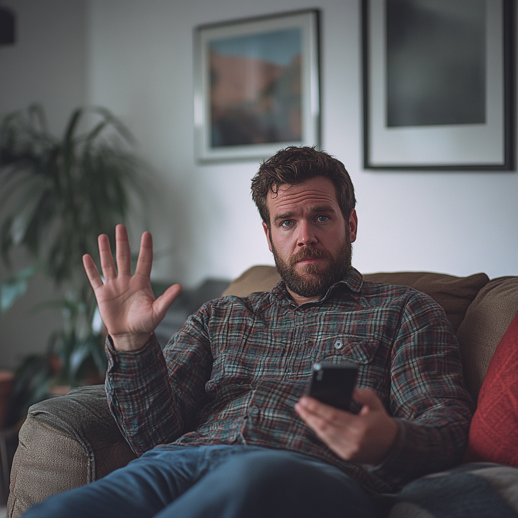 Man waving a hand while sitting on a couch | Source: Midjourney