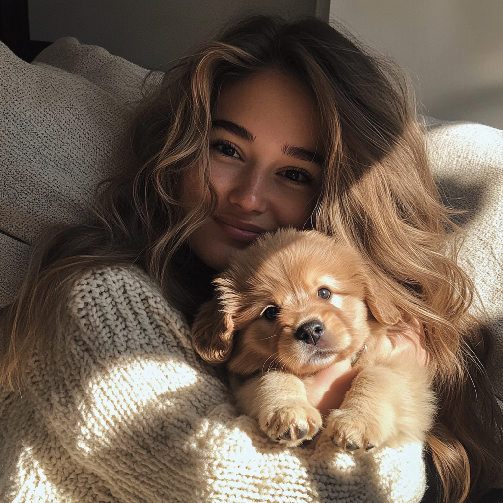 A young woman holding a puppy | Source: Midjourney