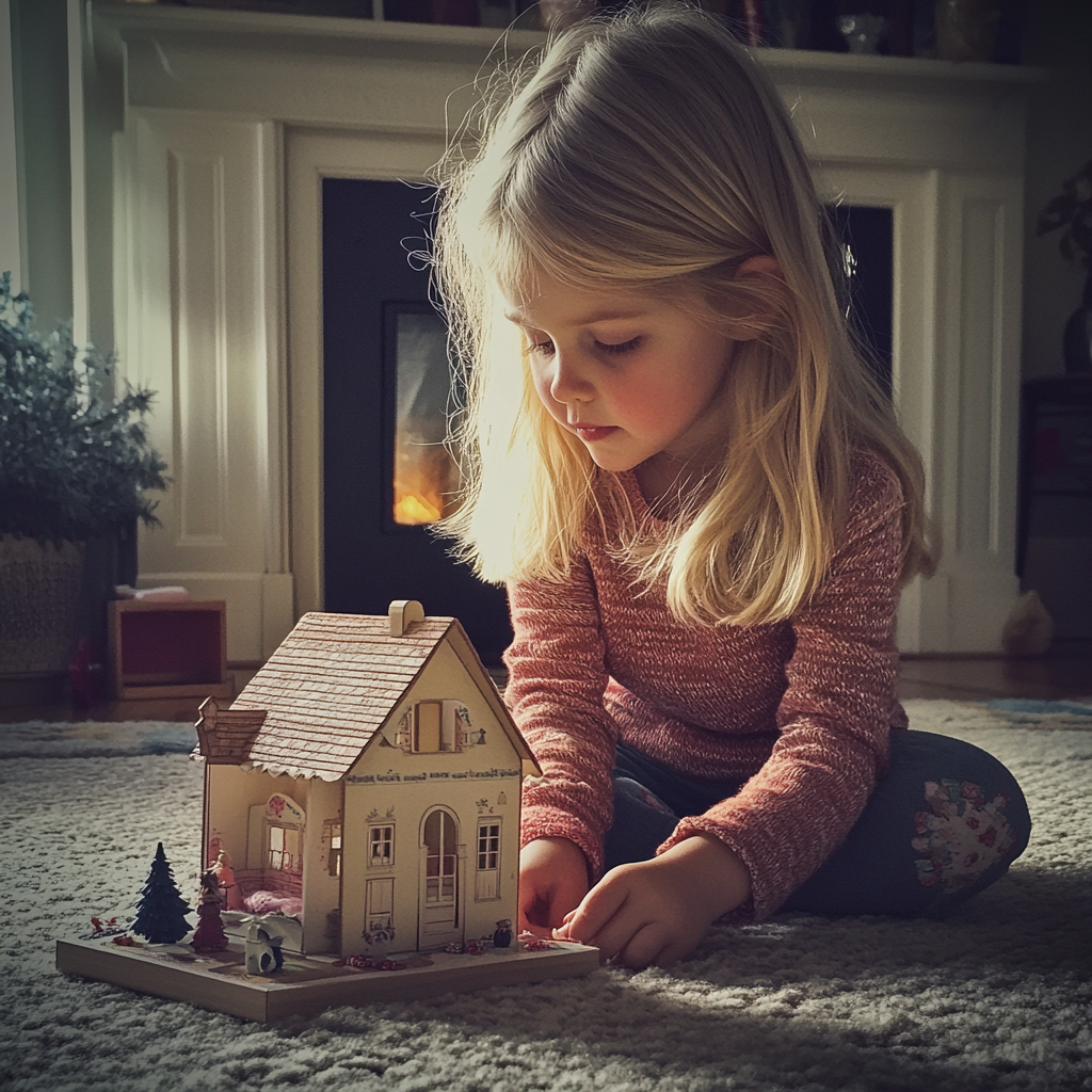 A little girl playing with a dollhouse | Source: Midjourney