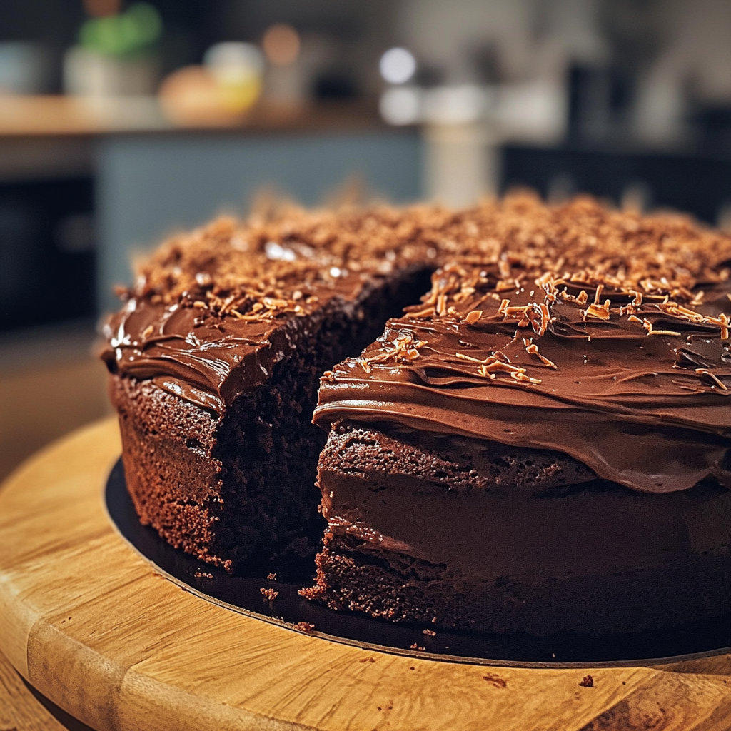 A chocolate cake on a counter | Source: Midjourney