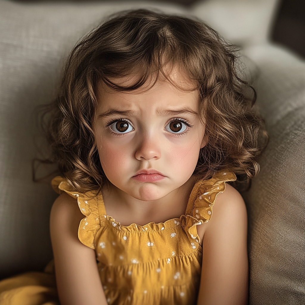 A little girl sitting on a couch | Source: Midjourney