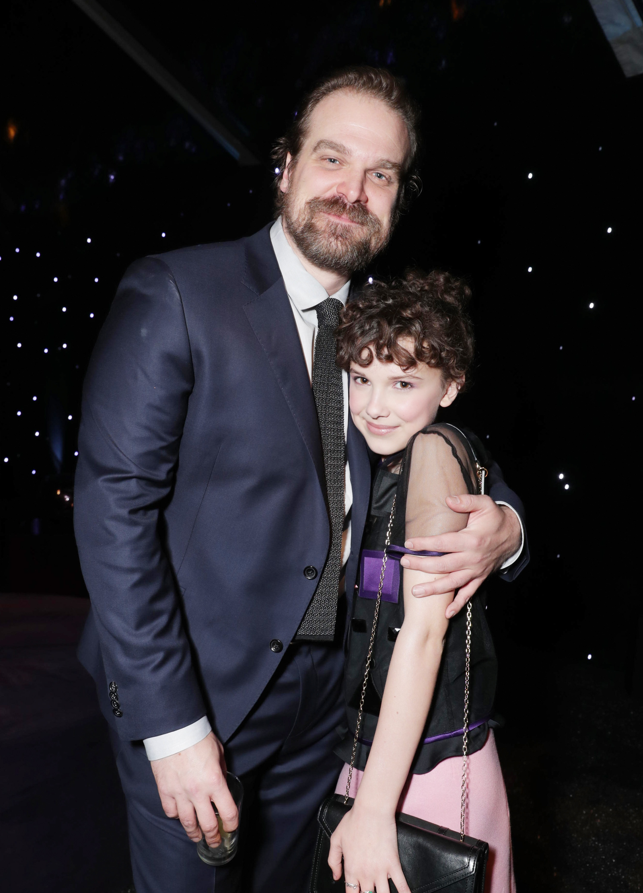 David Harbour and Millie Bobby Brown are seen at Ted Sarandos' 2017 Netflix Screen Actors Guild Nominee Toast on January 28, 2017, in Los Angeles, California. | Source: Getty Images