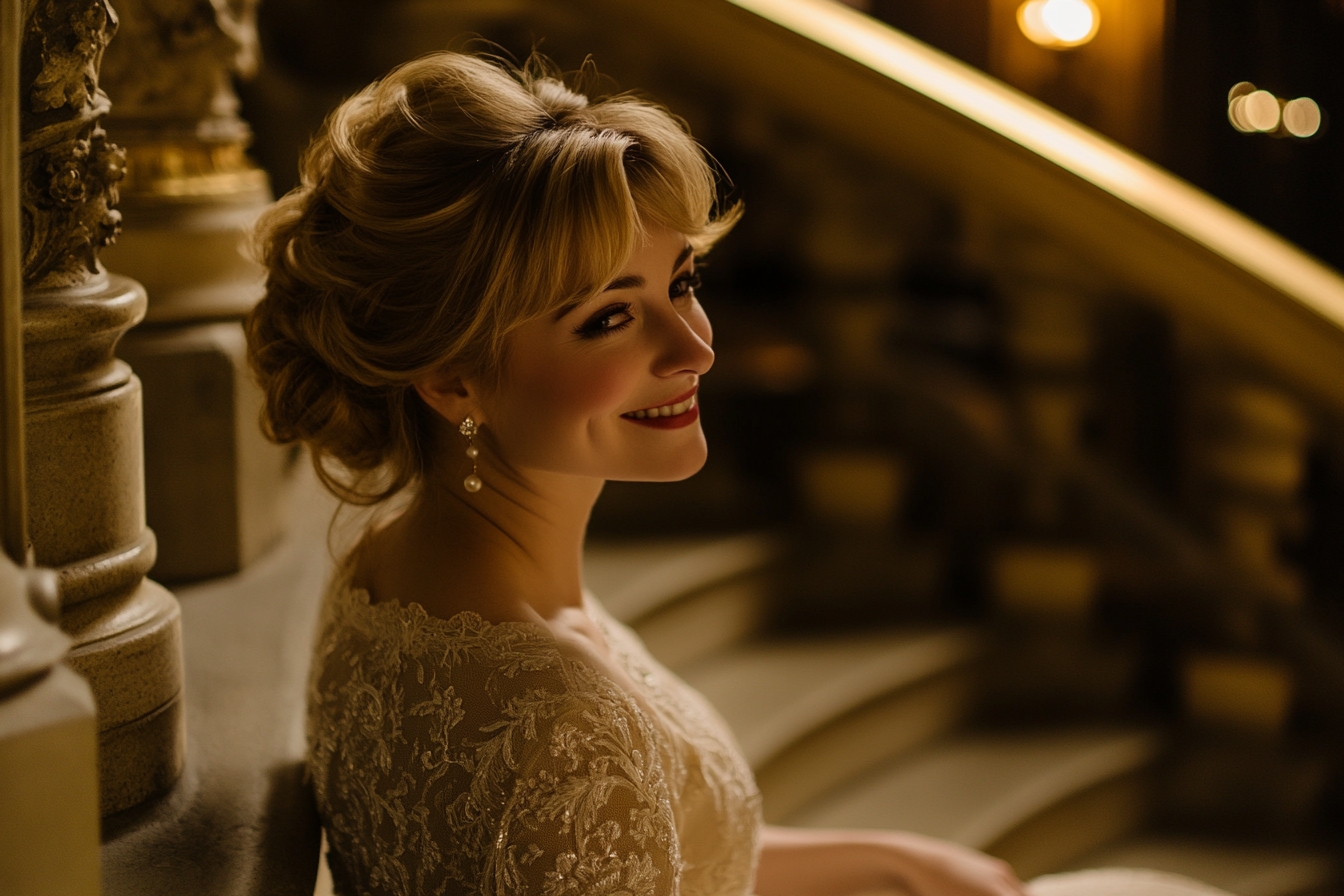 A woman, seated on the steps of a grand staircase, smiling and gazing to her side | Source: Midjourney