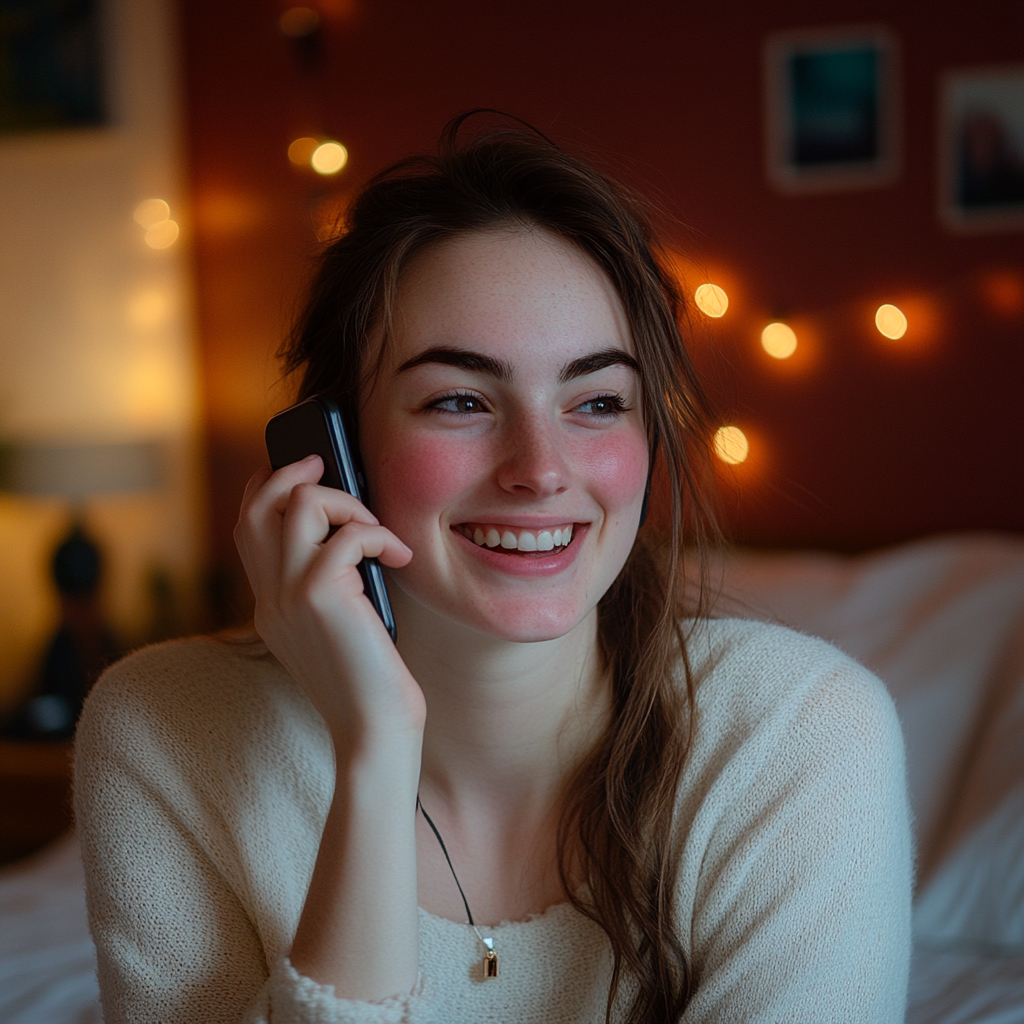 A woman laughs a little while talking on the phone | Source: Midjourney