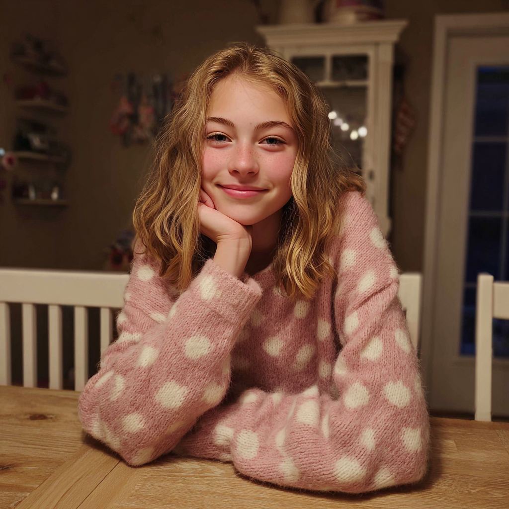 A smiling teenage girl sitting at a table | Source: Midjourney