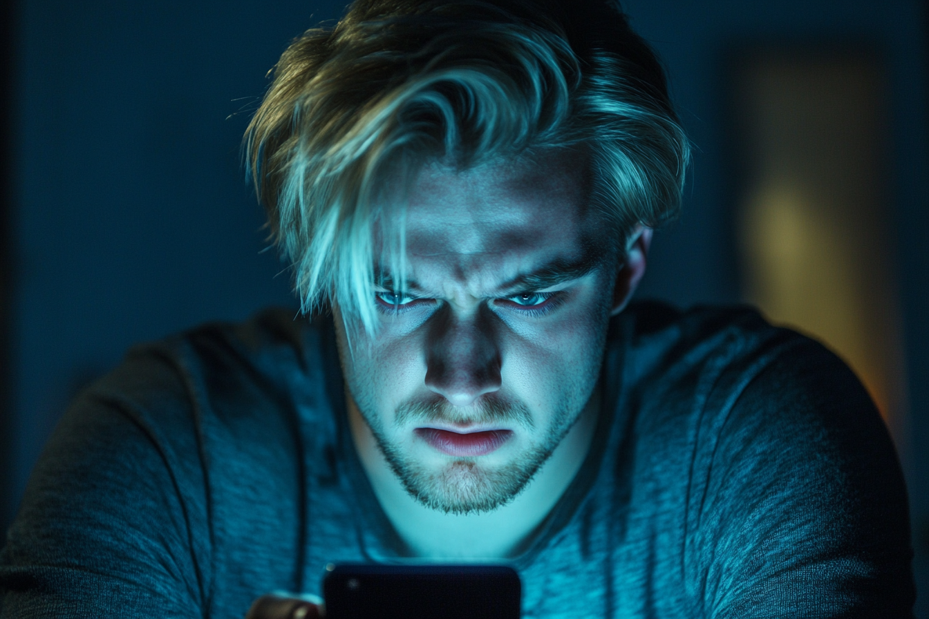 An angry man typing on his phone | Source: Midjourney