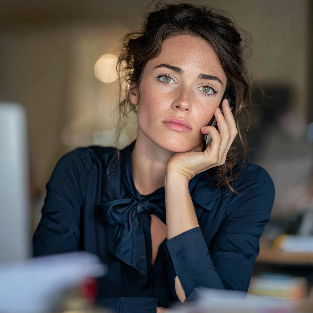 A woman sitting at her desk and talking on a phone | Source: Midjourney