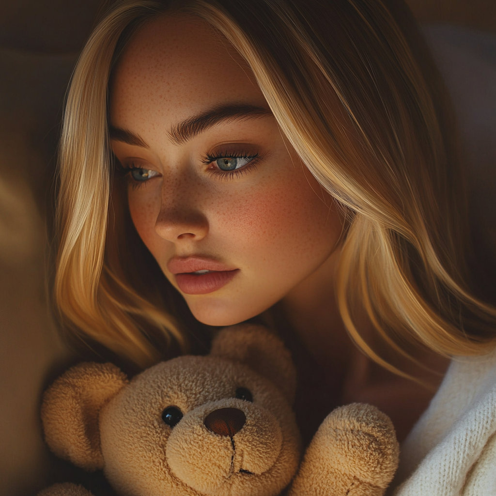 A heartbroken woman holding a teddy bear | Source: Midjourney