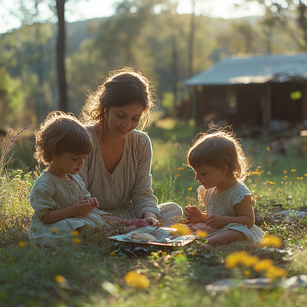 Mujer de mediana edad jugando con sus hijos | Fuente: Midjourney