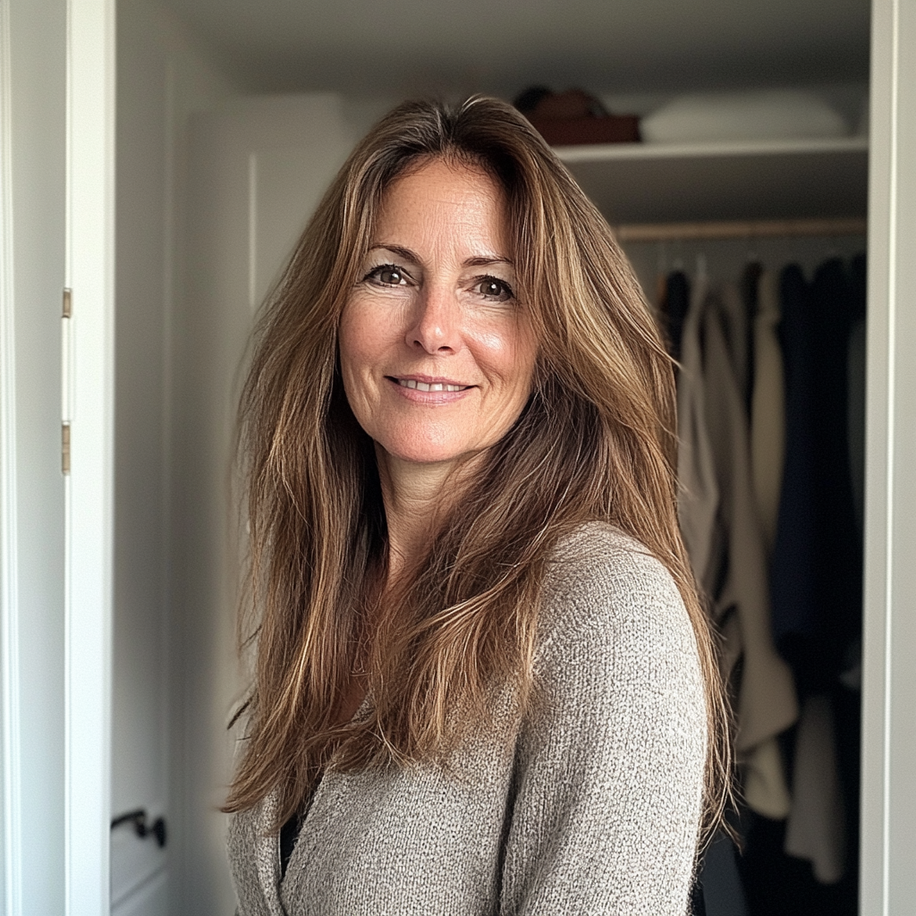 A smiling woman standing in front of a closet | Source: Midjourney