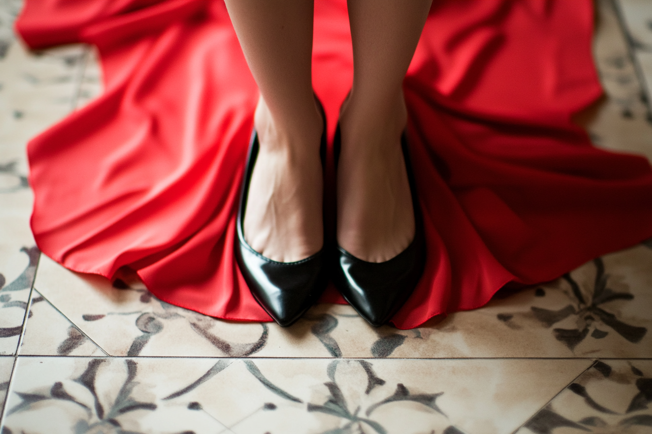 A woman standing on a red cloth | Source: Midjourney