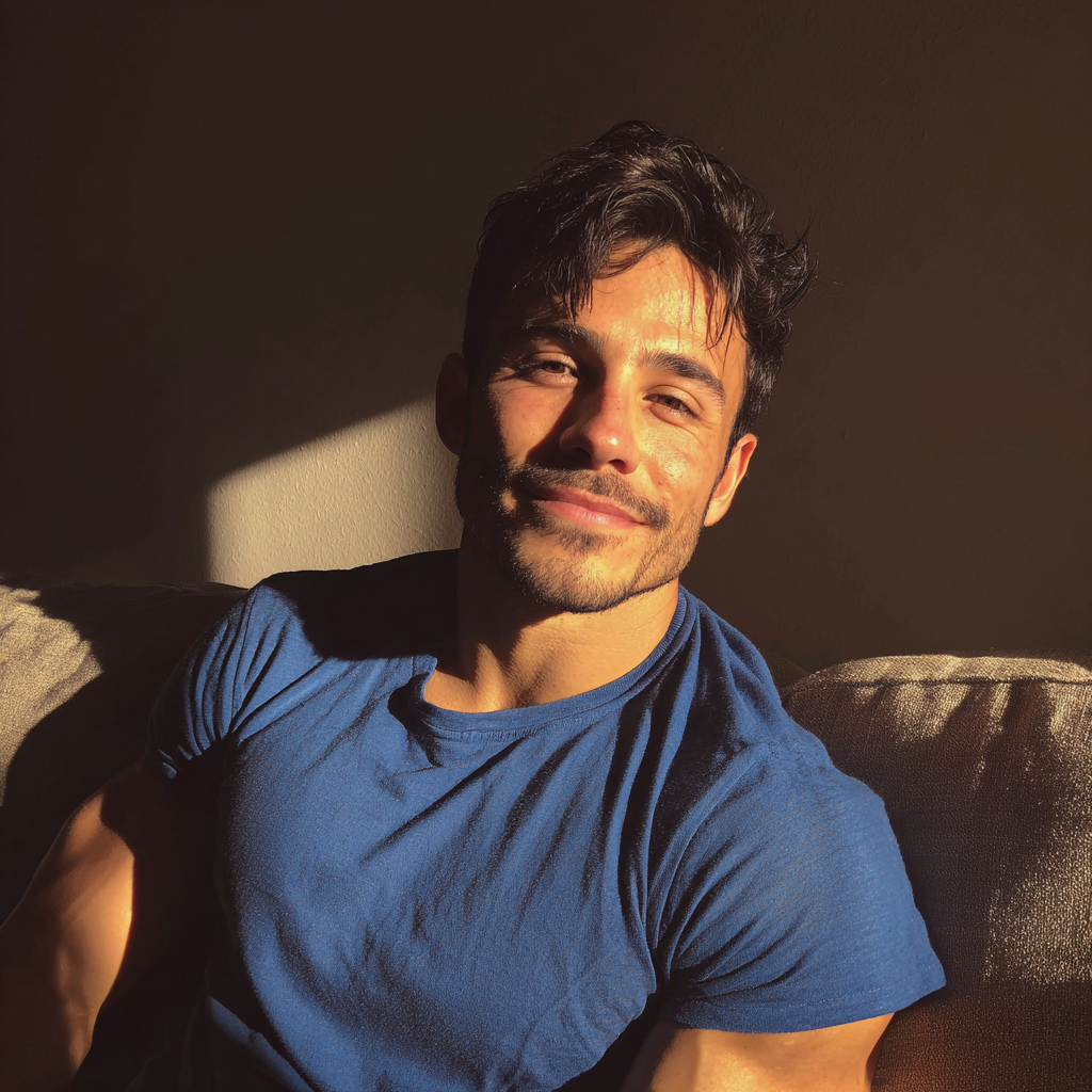 A smiling man sitting on a couch | Source: Midjourney