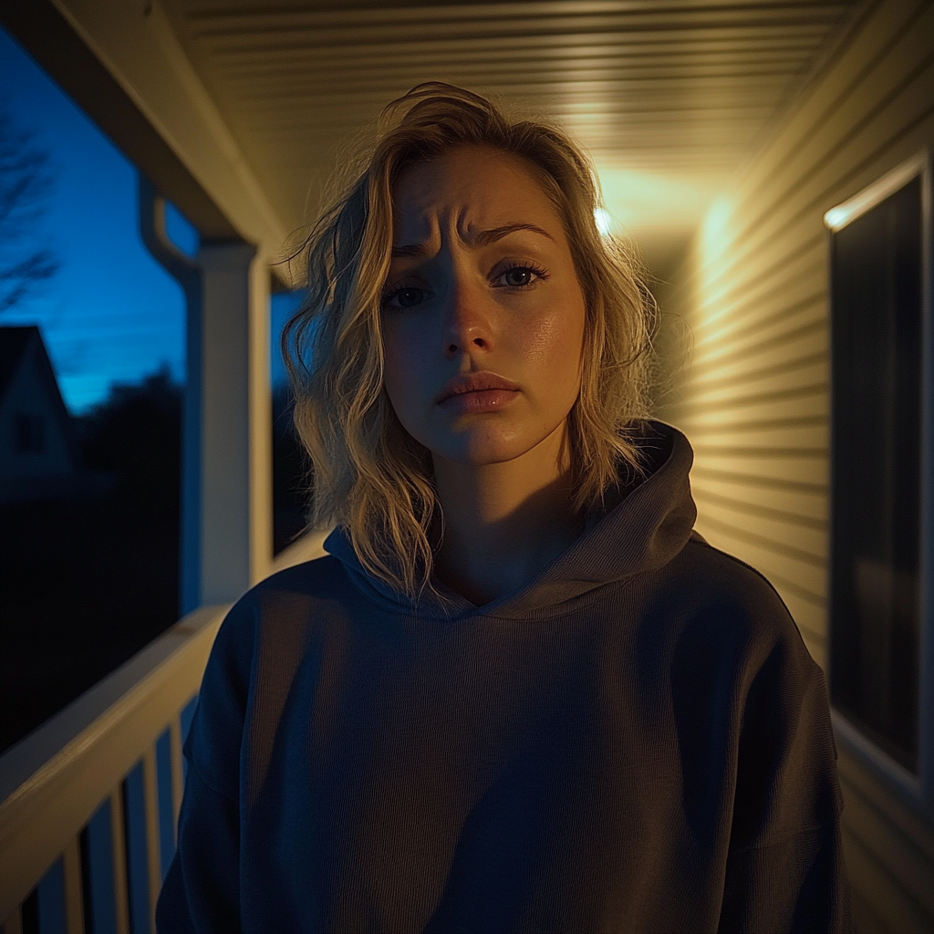 An upset woman standing on a porch | Source: Midjourney