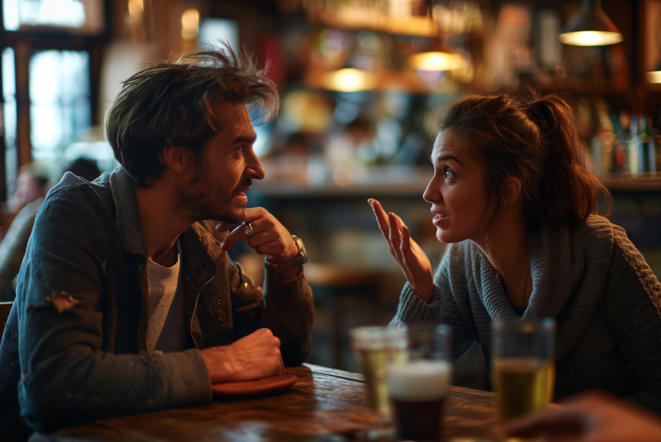 A couple having a heated discussion in a bar | Source: Midjourney