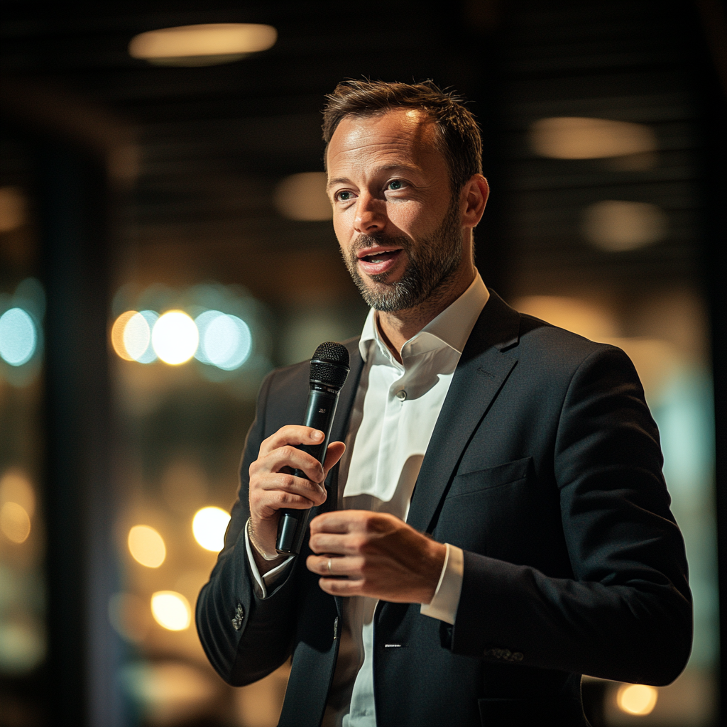 Man in a suit stepping onto the stage for his presentation | Source: Midjourney