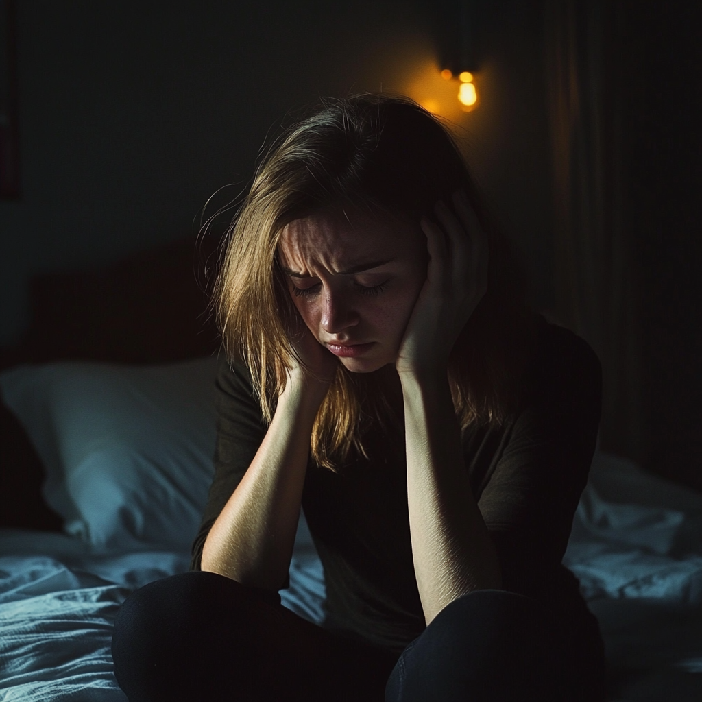 A woman sitting at the edge of her bed | Source: Midjourney