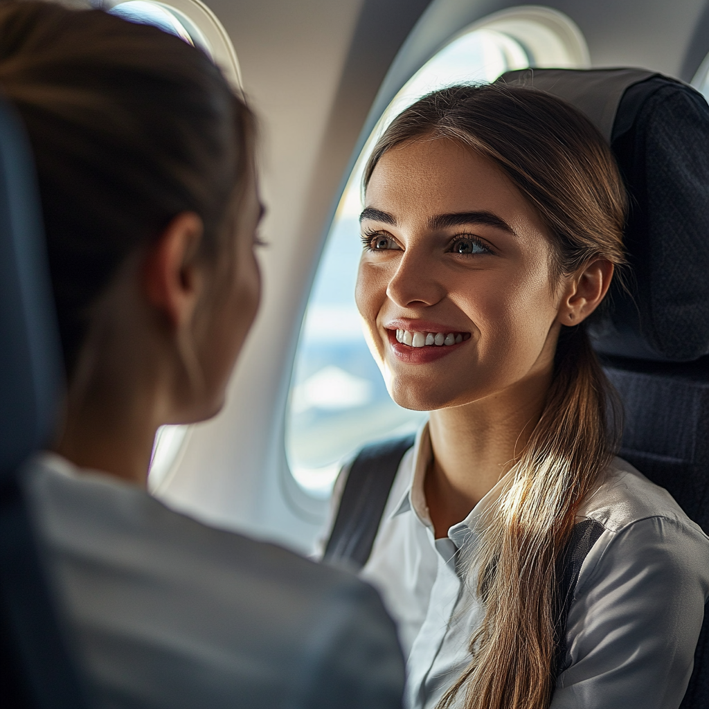 A nice flight attendant talking to a woman | Source: Midjourney