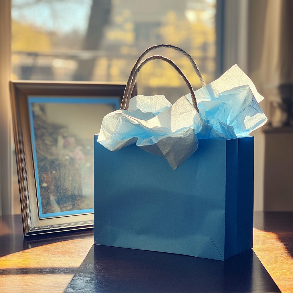 A blue giftbag on a table | Source: Midjourney