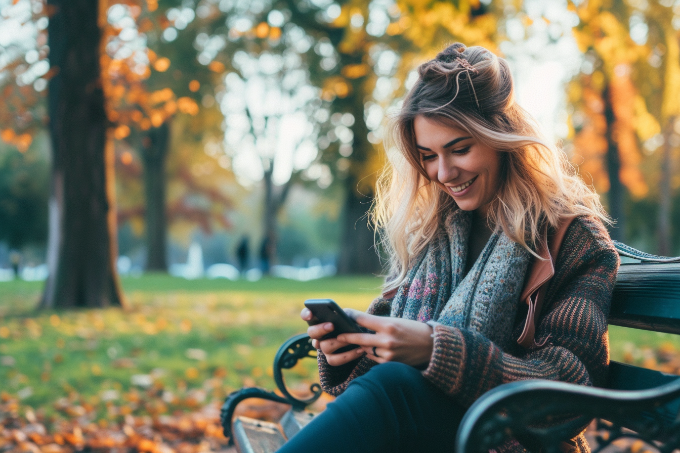 A woman smiles while looking at her phone sitting on a bench in a park | Source: Midjourney