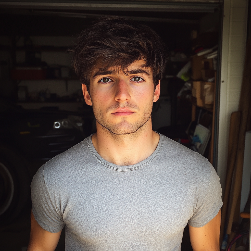 A young man standing in a garage | Source: Midjourney