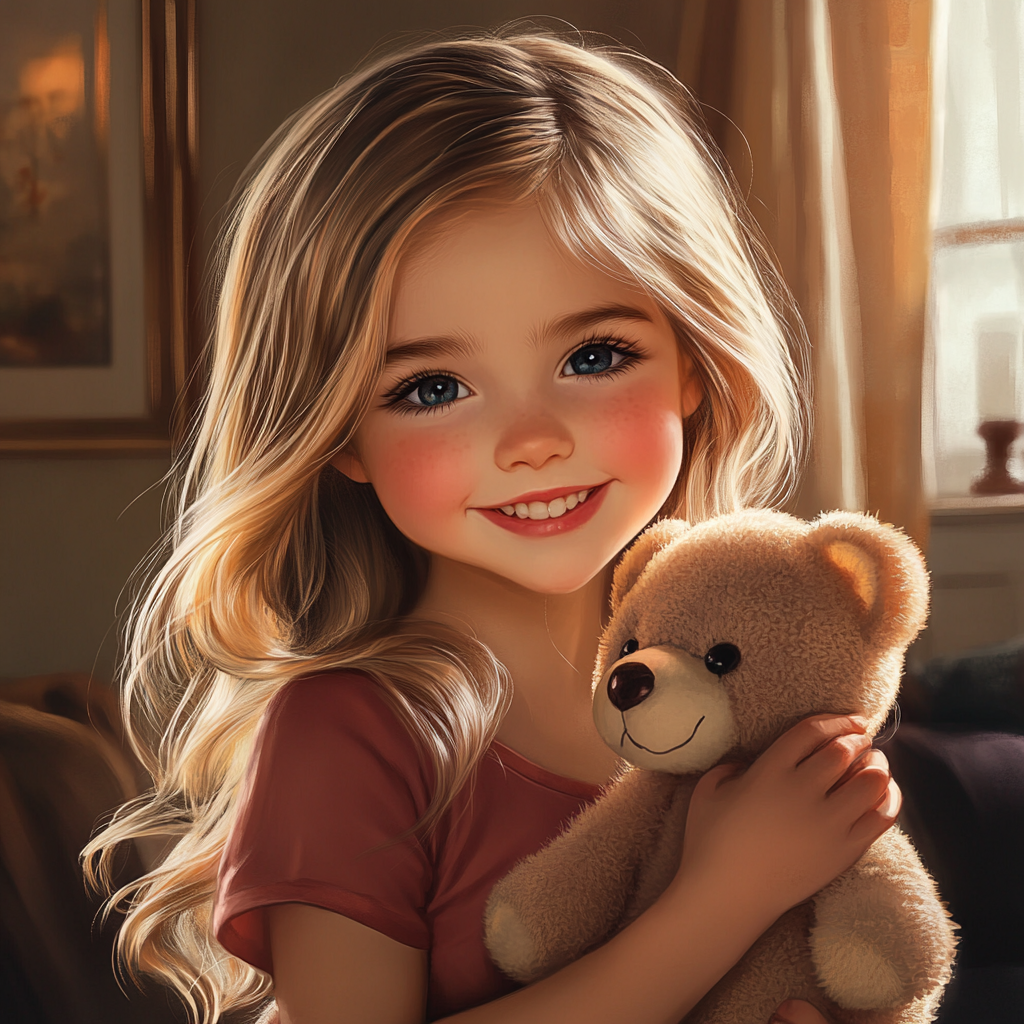 A delighted little girl holding a teddy bear | Source: Midjourney