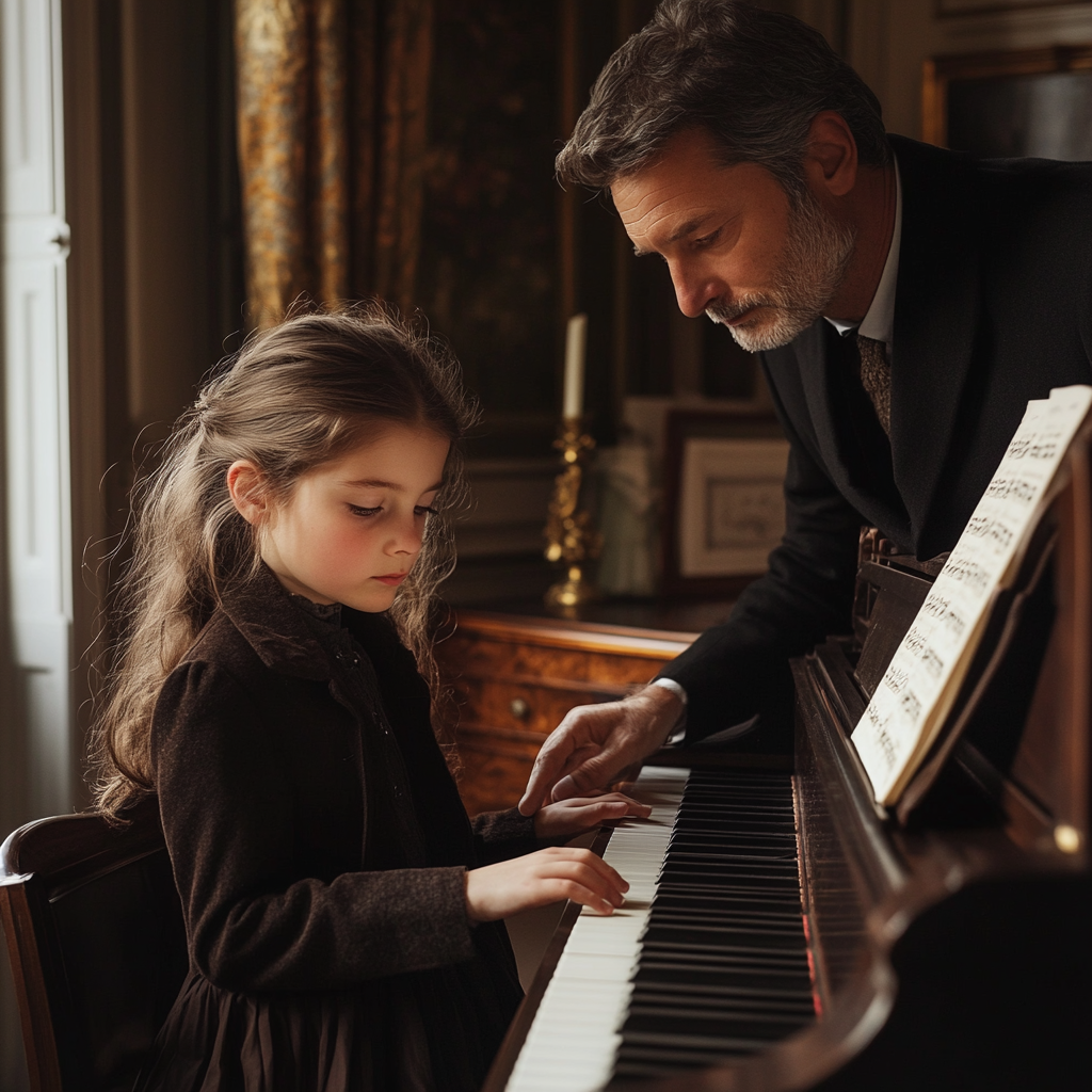 A young girl playing the piano with her father watching | Source: Midjourney