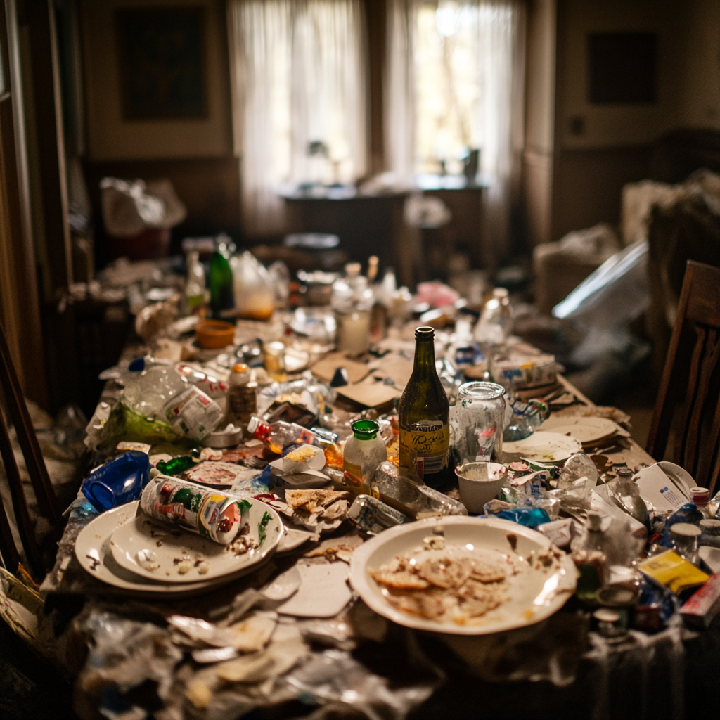 A messy house with empty bottles, dirty plates, and trash strewn everywhere | Source: Midjourney