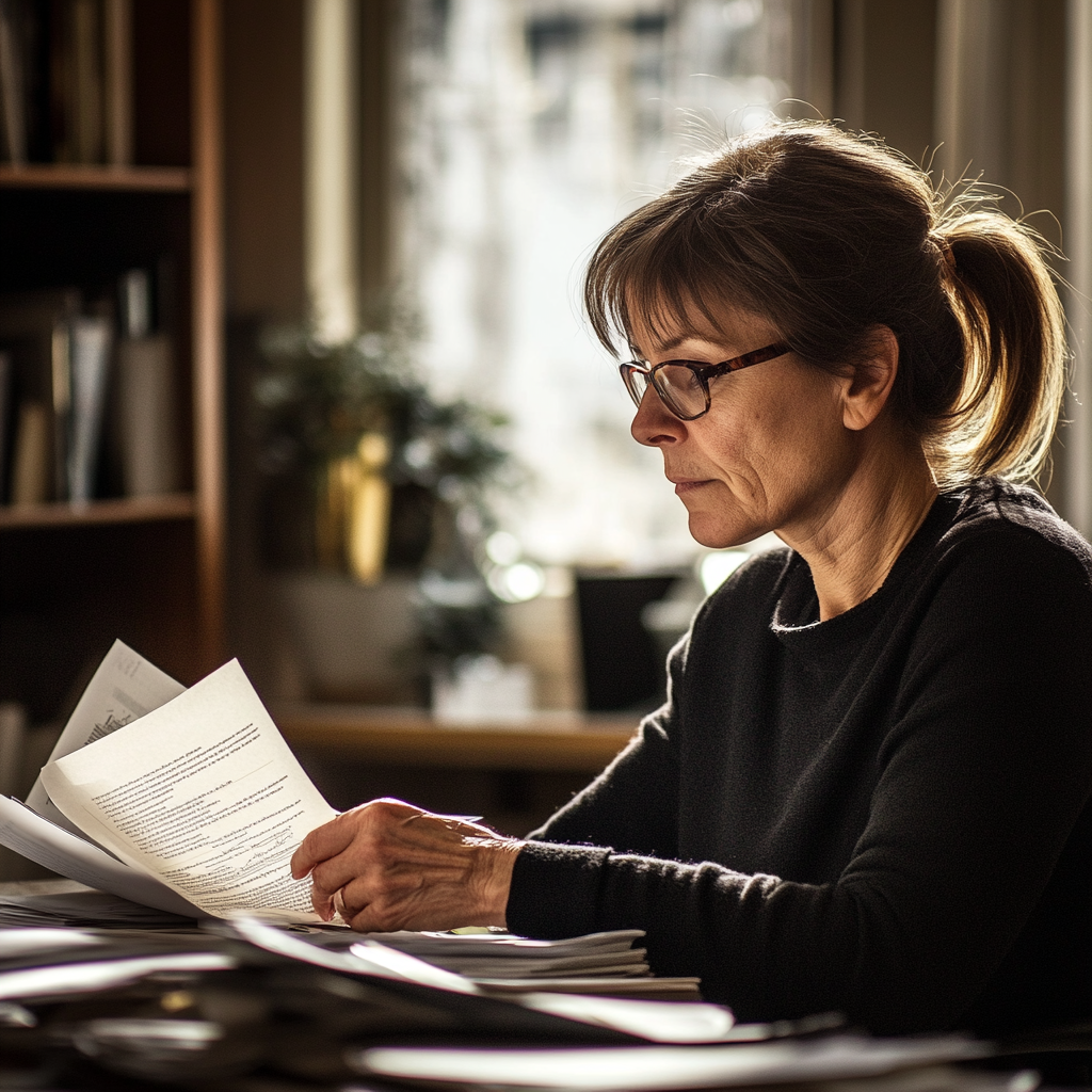 A mature woman looking through her papers | Source: Midjourney