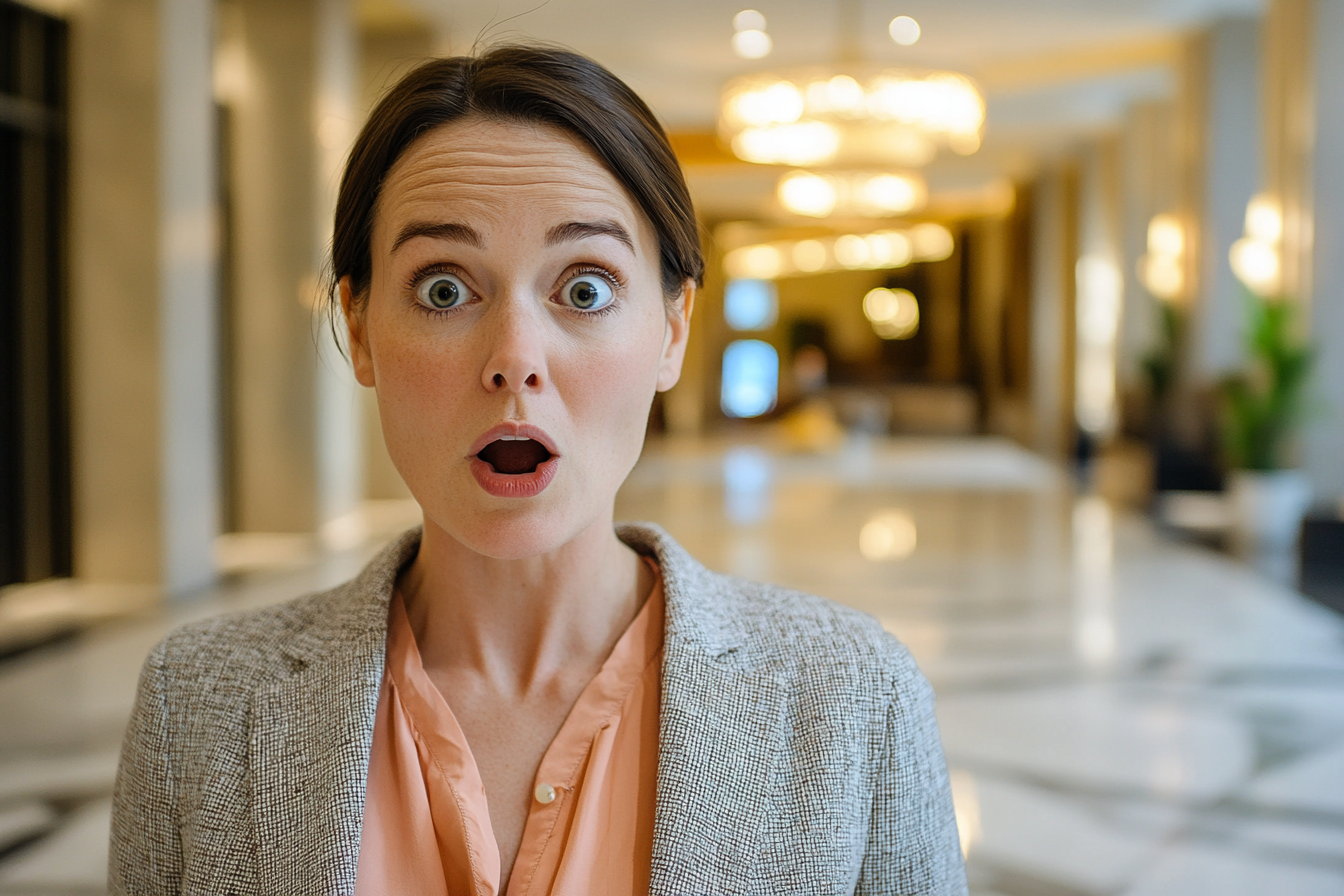 A shocked woman in a hotel lobby | Source: Midjourney