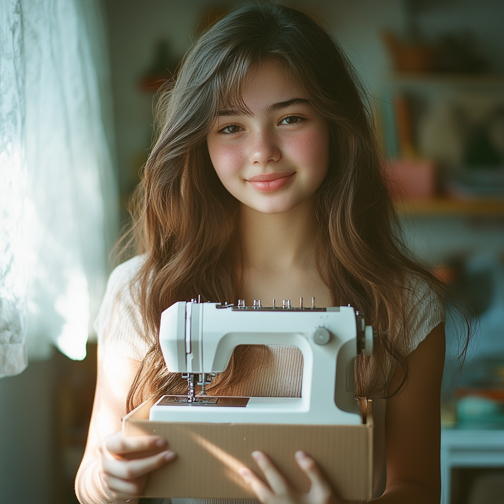 A happy girl with her sewing machine | Source: Midjourney