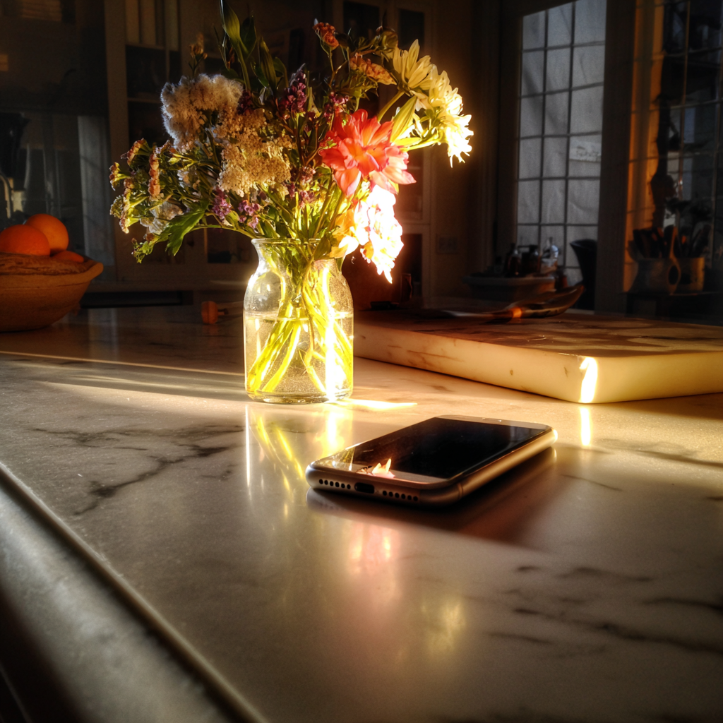 A cellphone on a countertop | Source: Midjourney