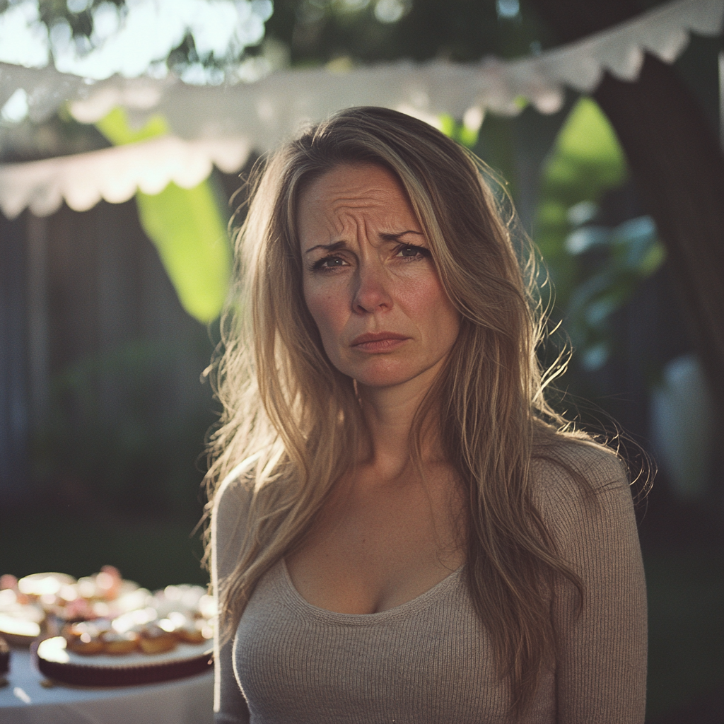 A sad woman at a backyard party | Source: Midjourney