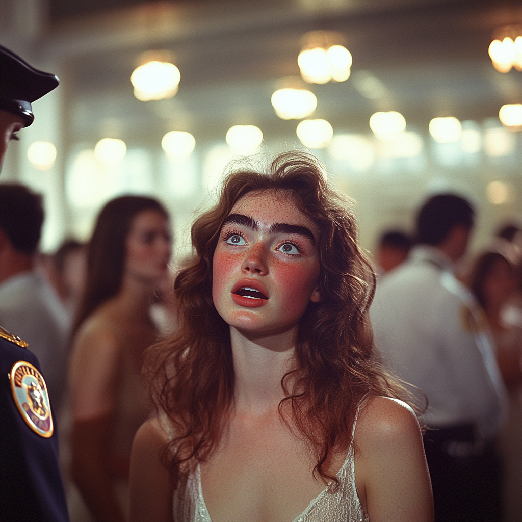 A shocked woman talking to a cop | Source: Midjourney