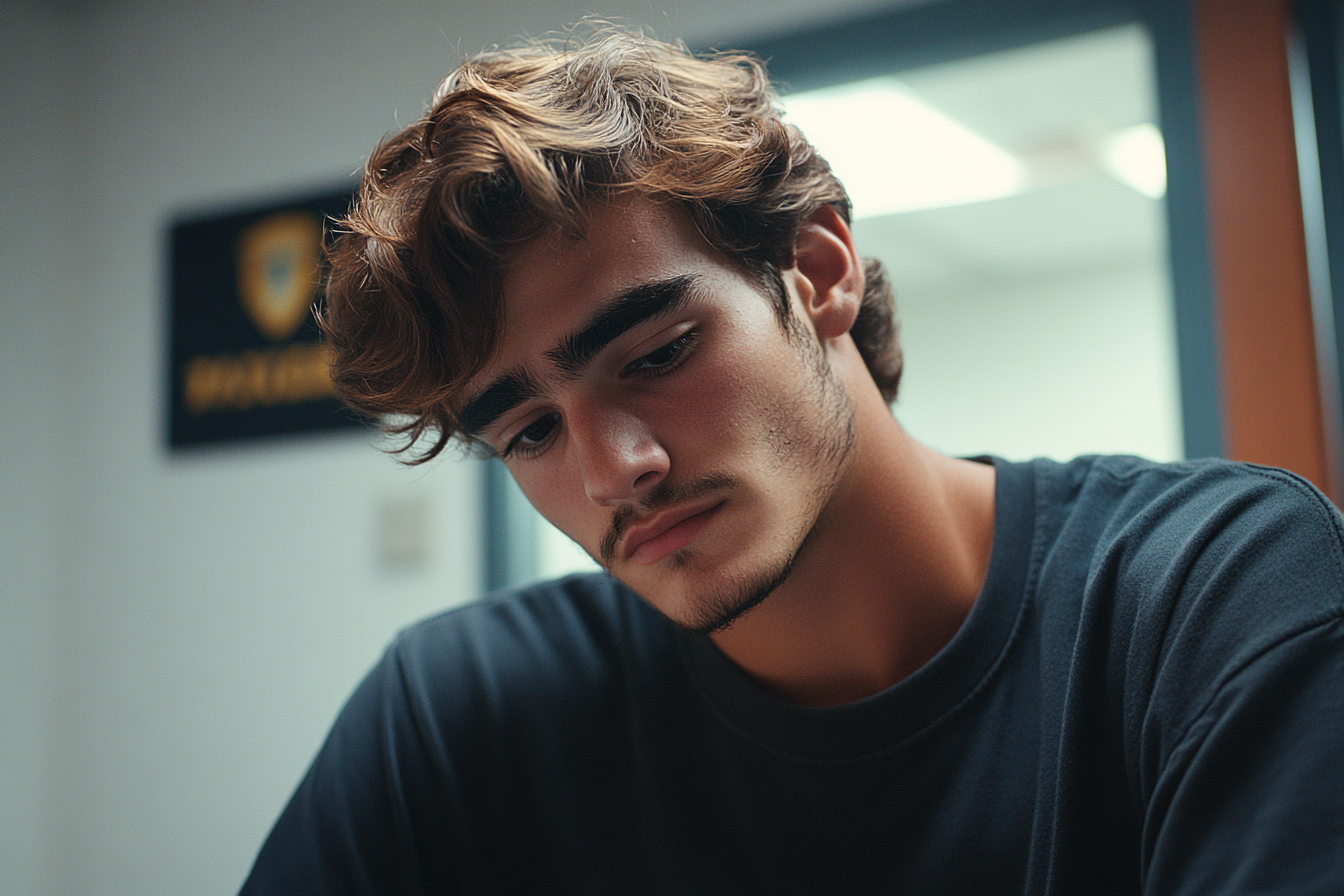 A young man sitting in a police station | Source: Midjourney