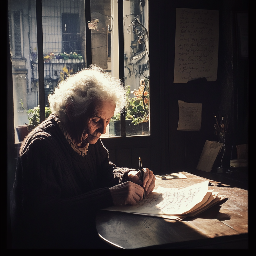 An old woman writing a letter | Source: Midjourney