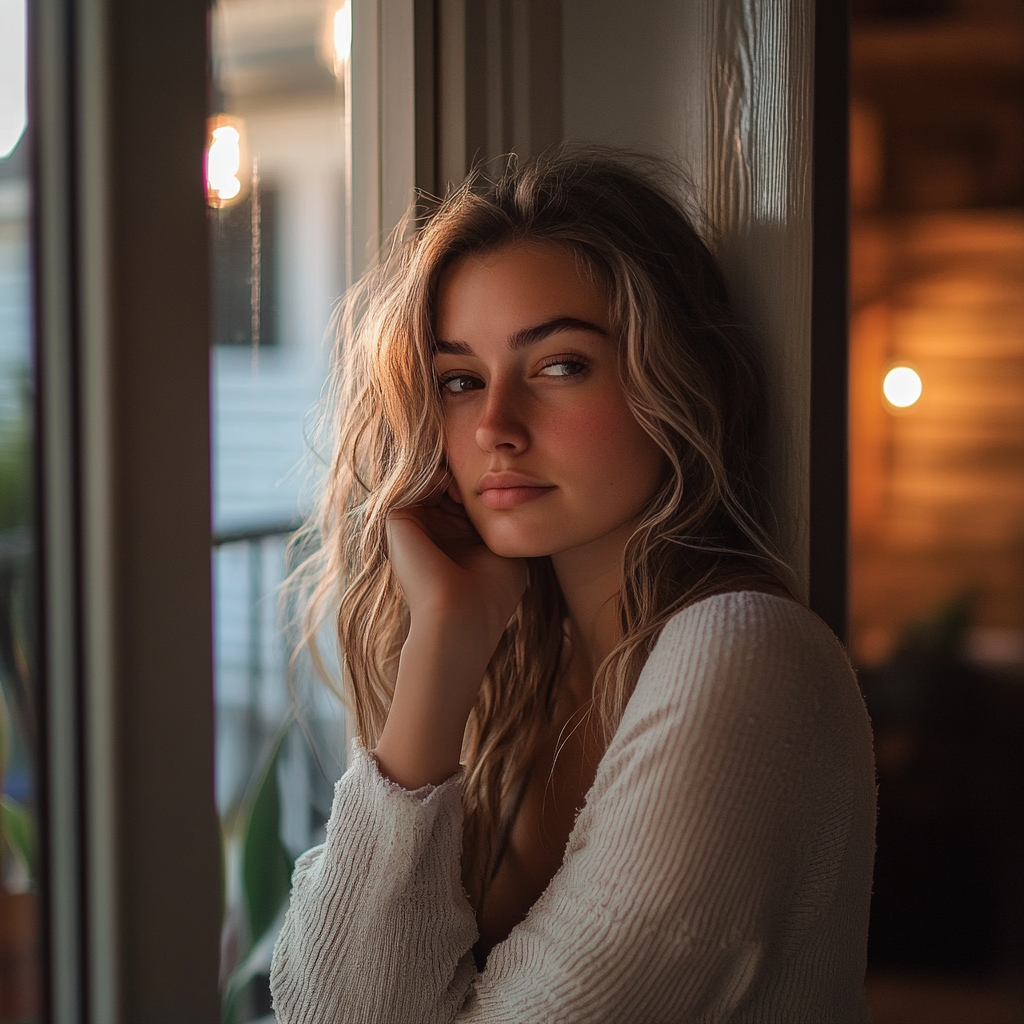 Stressed out woman leaning by the window | Source: Midjourney