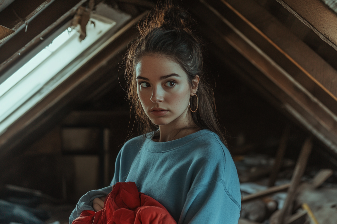 A woman in her 30s holding a red jacket and thinking in an attic | Source: Midjourney