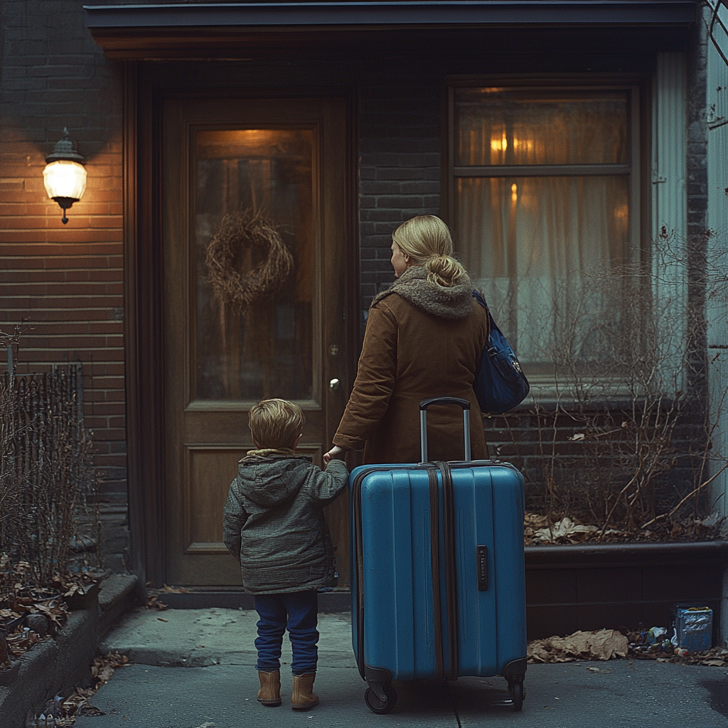 A woman holds her child's hand with his bag behind them | Source: Midjourney