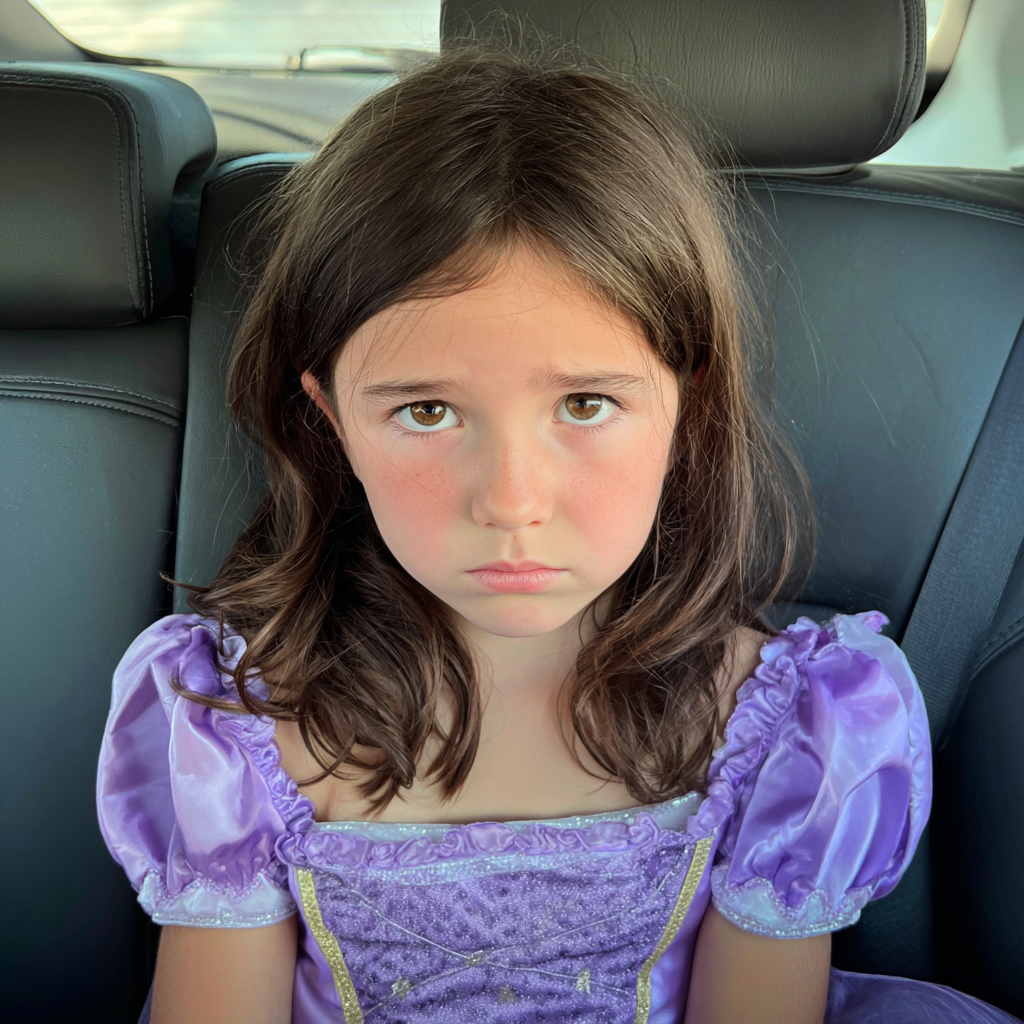A frowning little girl sitting in a car | Source: Midjourney